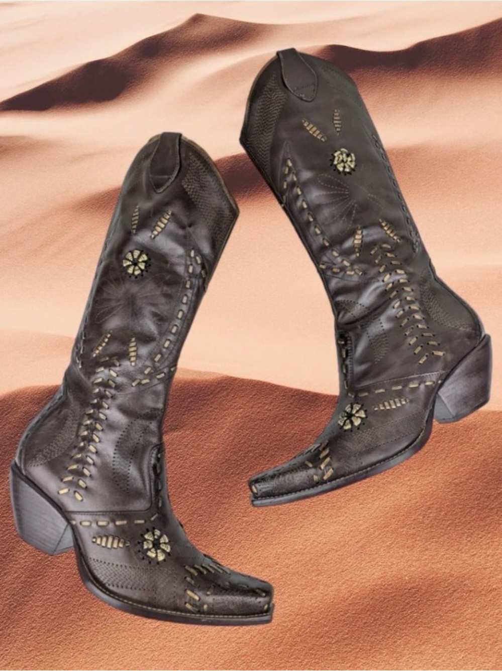 BCBGirls Dark Brown Genuine Leather Western Boots with Embellished Cutouts